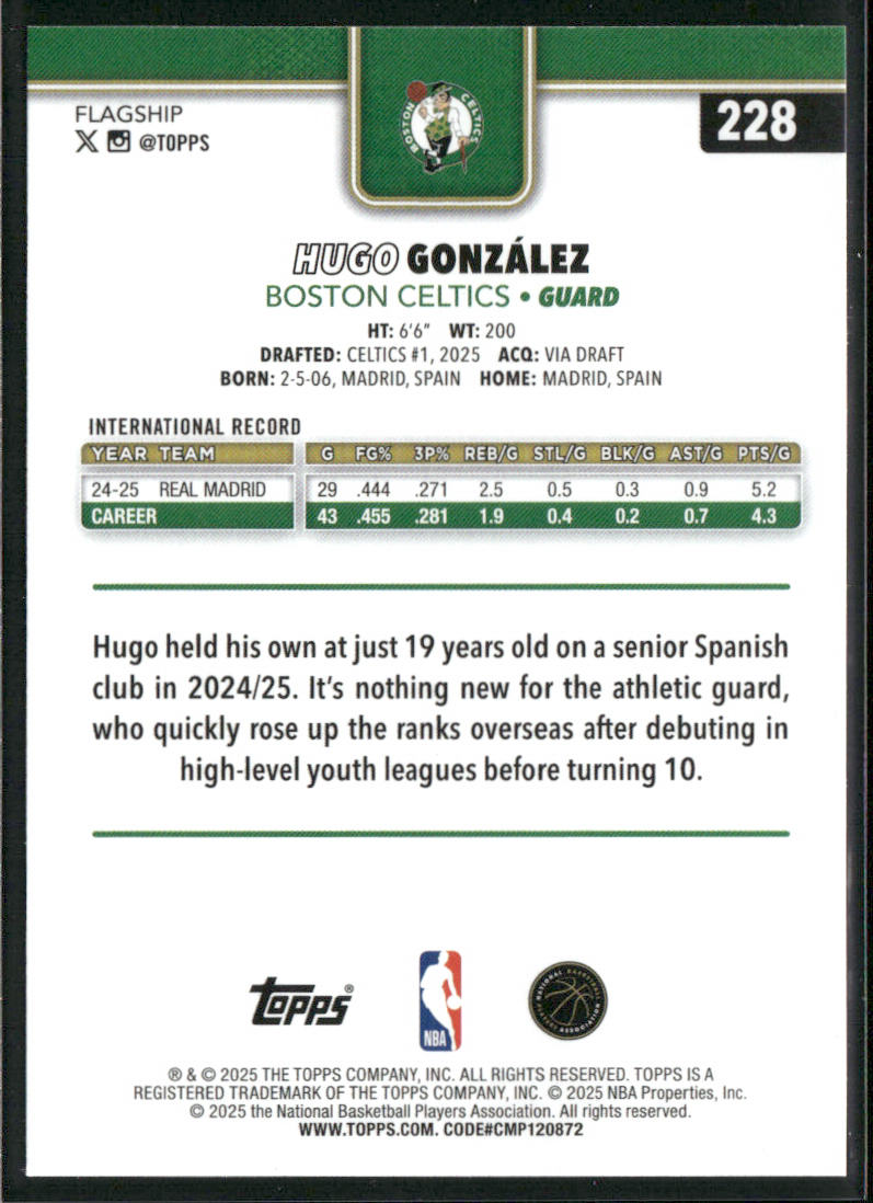 Hugo González 2025-26 Topps #228 RC Boston Celtics back