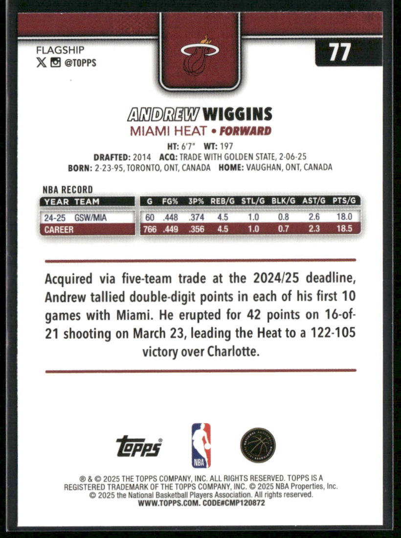 Andrew Wiggins 2025-26 Topps #77 Miami Heat back