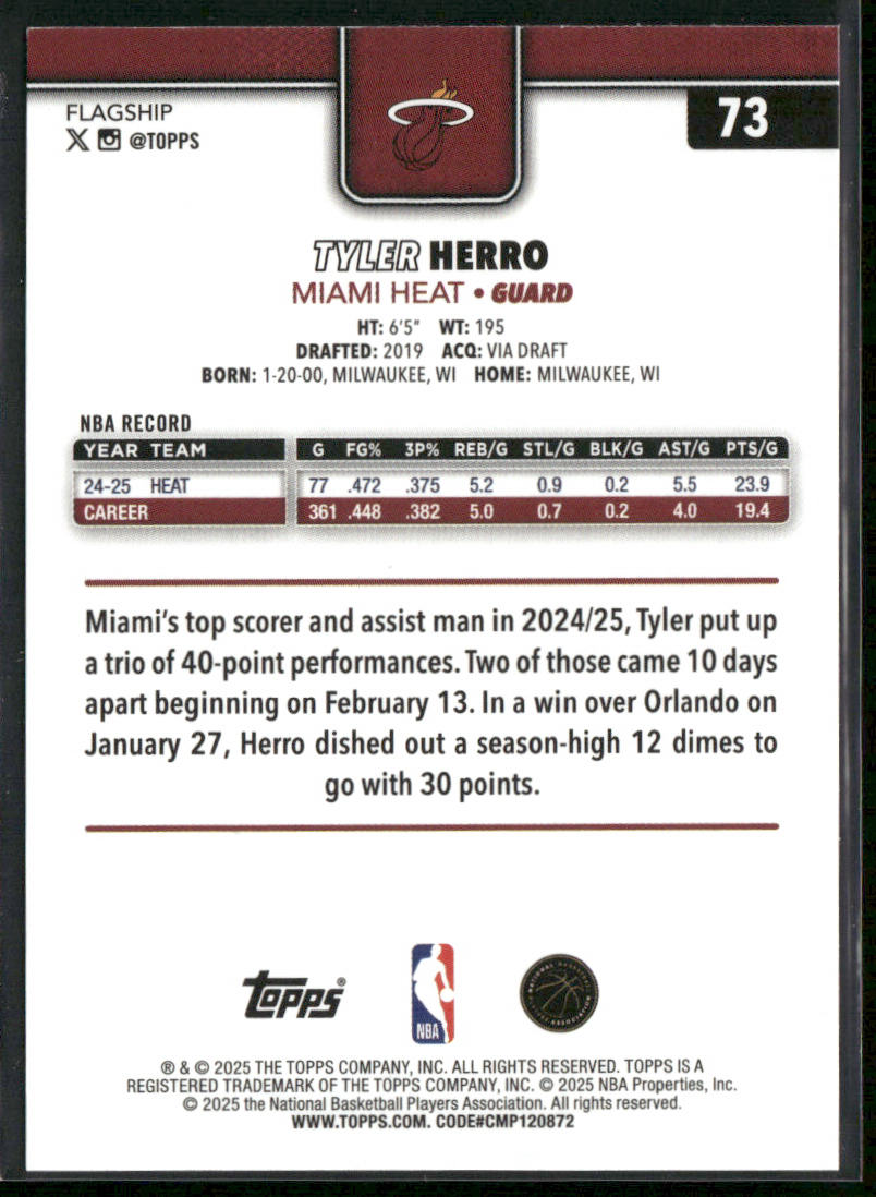 Tyler Herro 2025-26 Topps #73 Miami Heat back