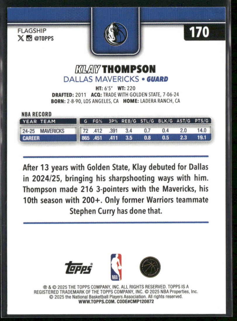 Klay Thompson 2025-26 Topps #170 Dallas Mavericks back