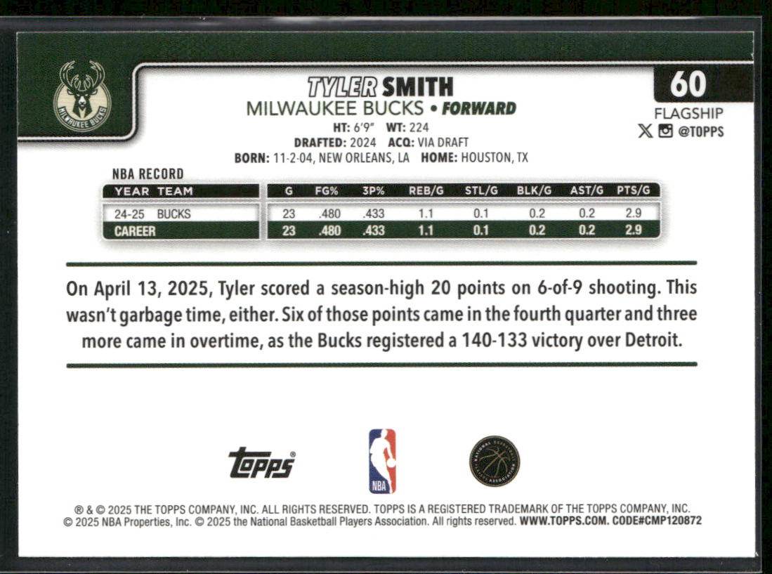 Tyler Smith 2025-26 Topps #60 Milwaukee Bucks back