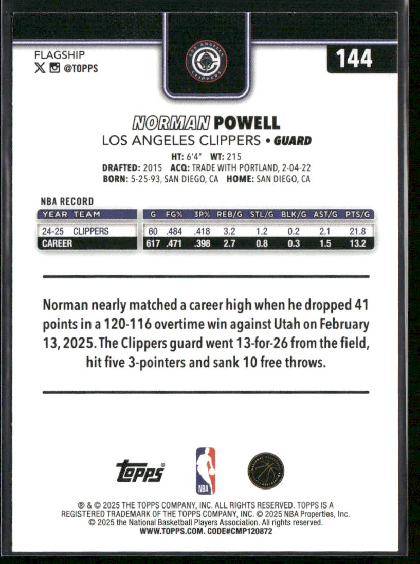 Norman Powell 2025-26 Topps #144 Los Angeles Clippers back