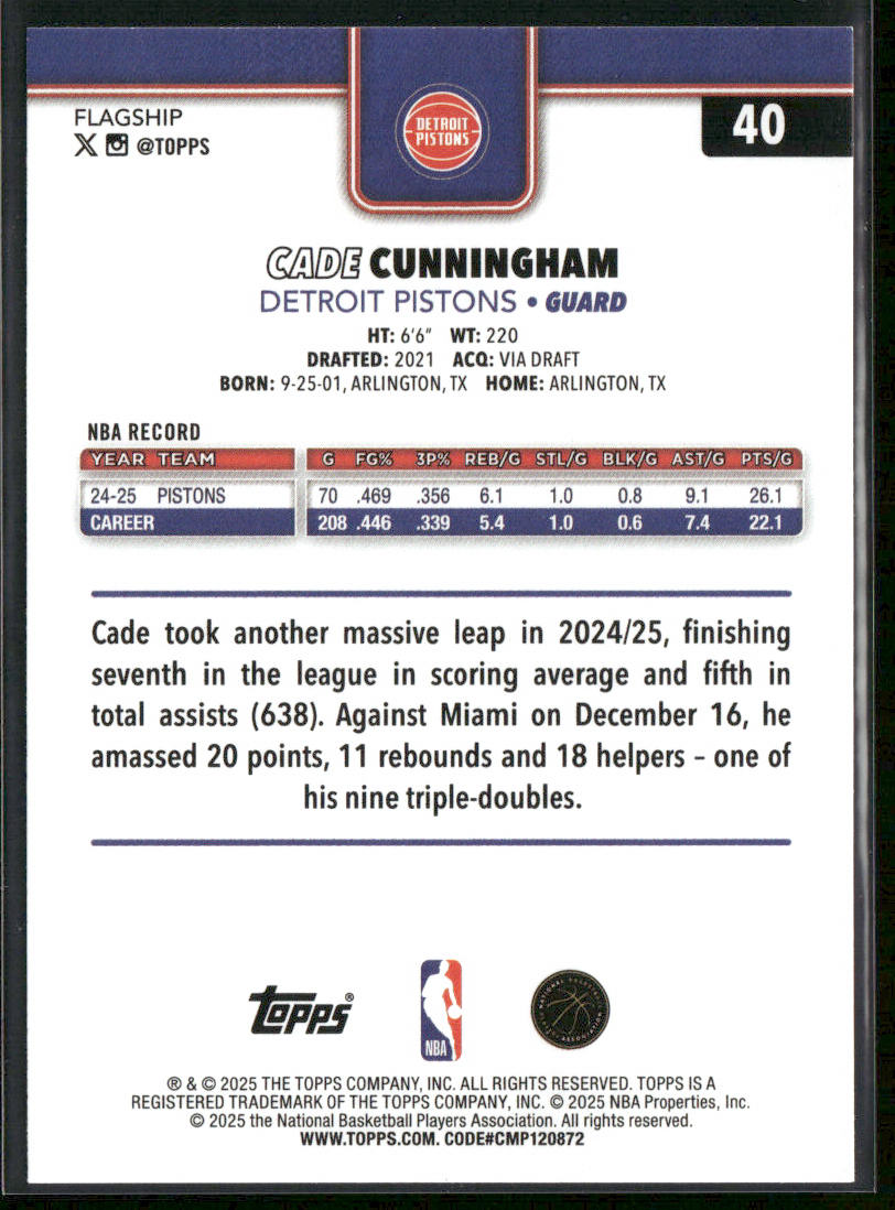 Cade Cunningham 2025-26 Topps #40 Detroit Pistons back