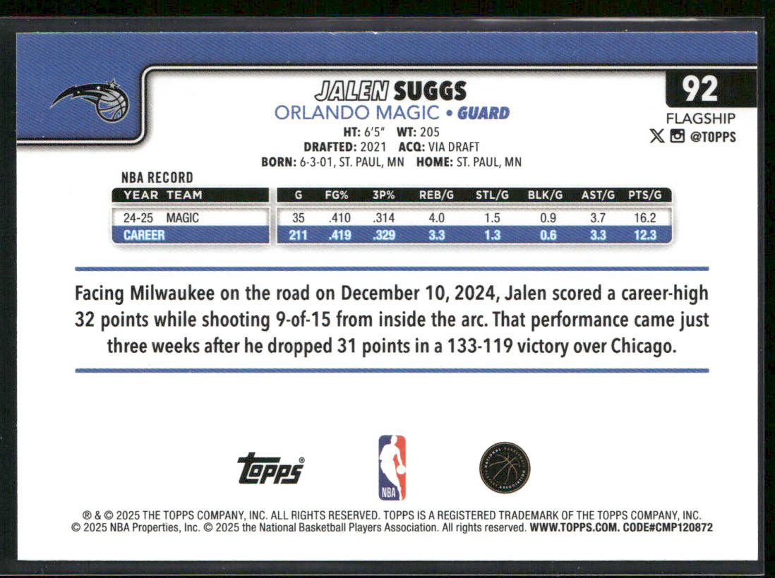 Jalen Suggs 2025-26 Topps #92 Orlando Magic back