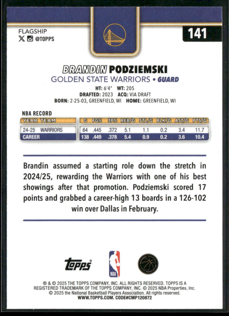 Brandin Podziemski 2025-26 Topps #141 Golden State Warriors back