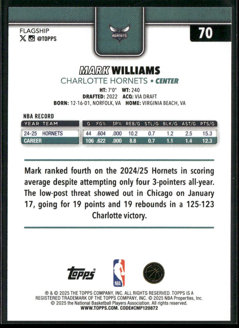 Mark Williams 2025-26 Topps #70 Charlotte Hornets back