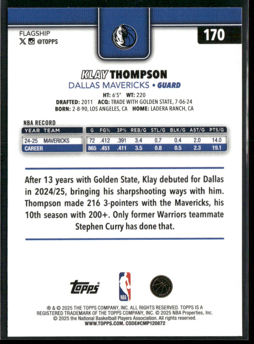 Klay Thompson 2025-26 Topps #170 Dallas Mavericks back