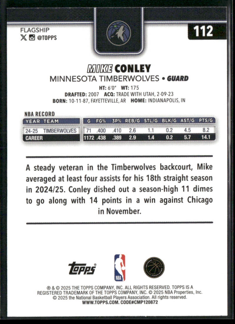Mike Conley 2025-26 Topps #112 Minnesota Timberwolves back