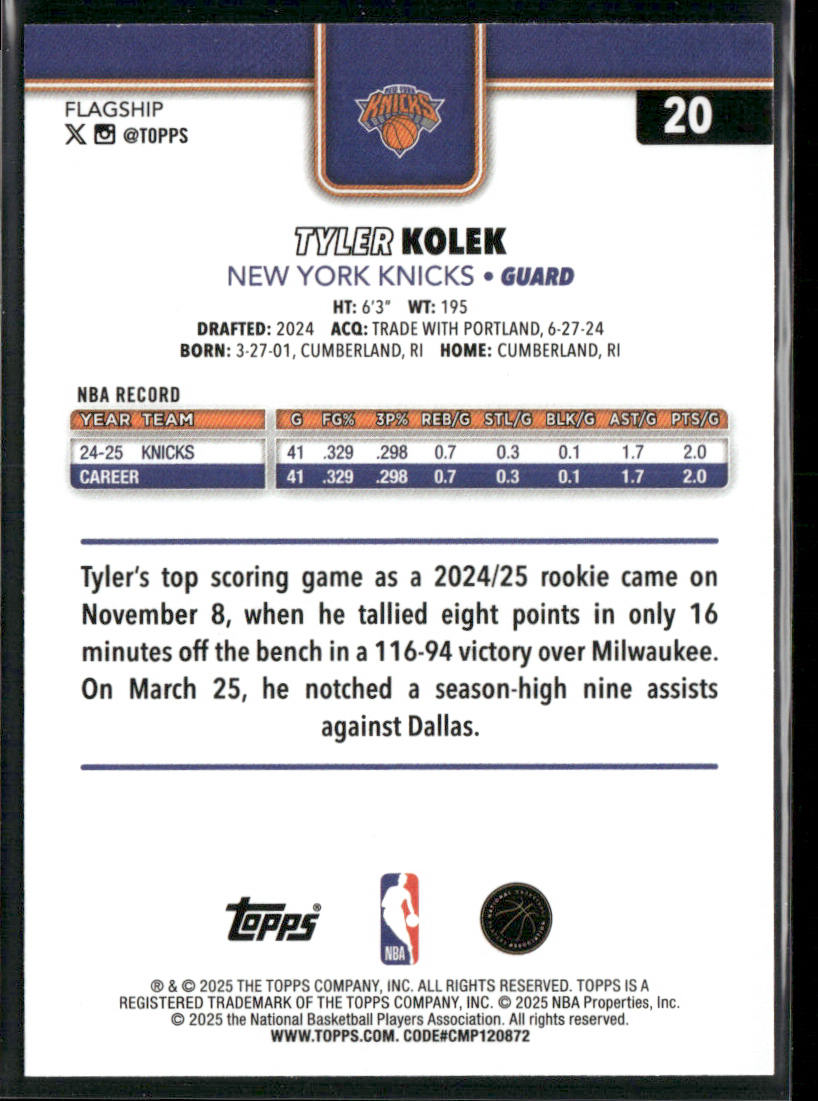 Tyler Kolek 2025-26 Topps #20 New York Knicks back