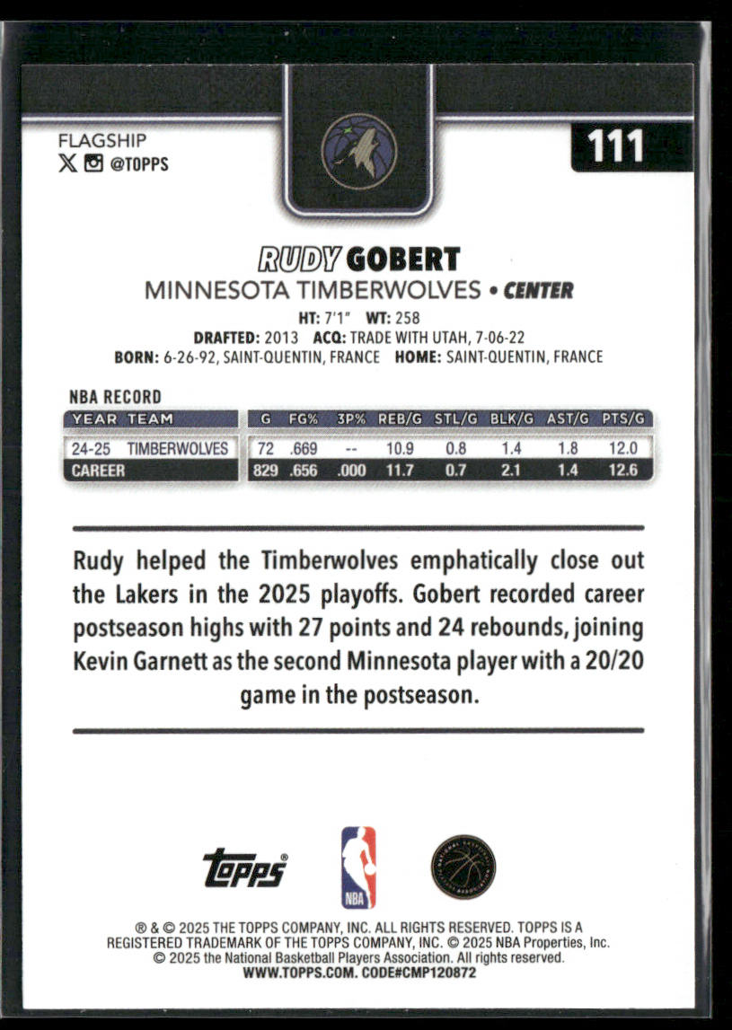 Rudy Gobert 2025-26 Topps #111 Minnesota Timberwolves back