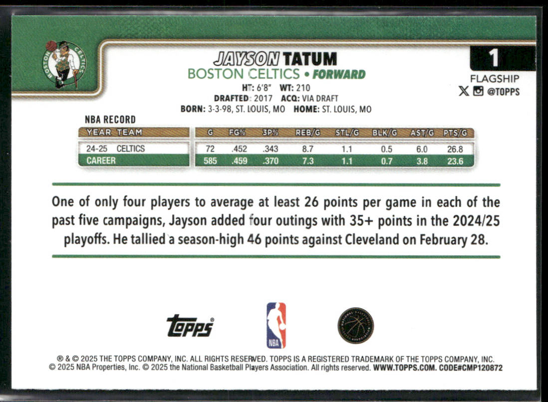 Jayson Tatum 2025-26 Topps #1 Boston Celtics back