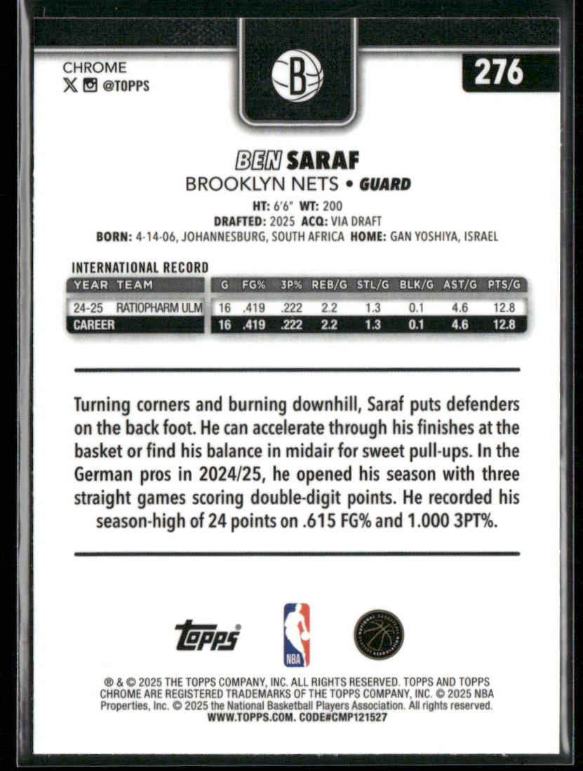 Ben Saraf 2025-26 Topps Chrome #276 RC Brooklyn Nets