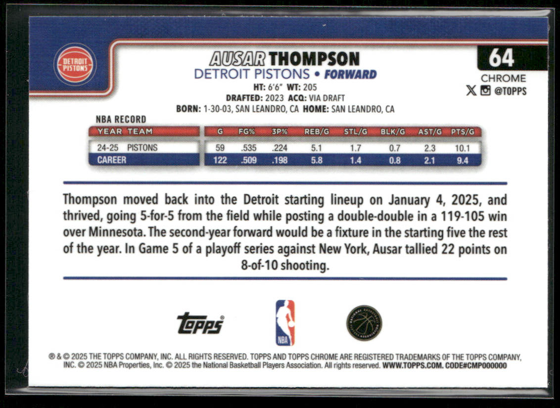 Ausar Thompson 2025-26 Topps Chrome #64 Detroit Pistons