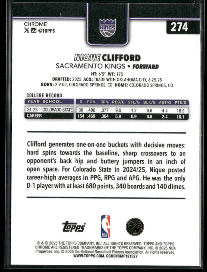 Nique Clifford 2025-26 Topps Chrome #274 RC Sacramento Kings