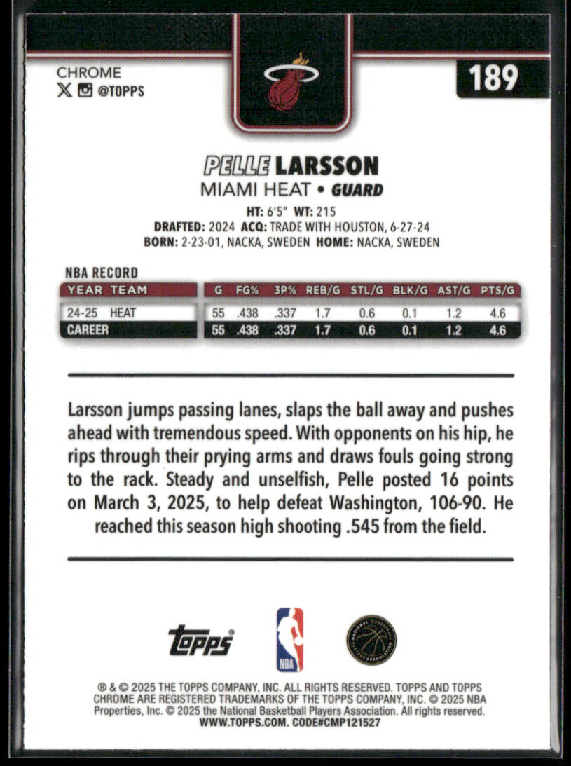 Pelle Larsson 2025-26 Topps Chrome Red White and Blue Refractor #189 Miami Heat