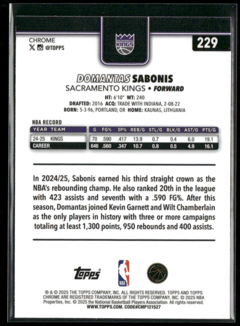 Domantas Sabonis 2025-26 Topps Chrome Refractor #229 Sacramento Kings