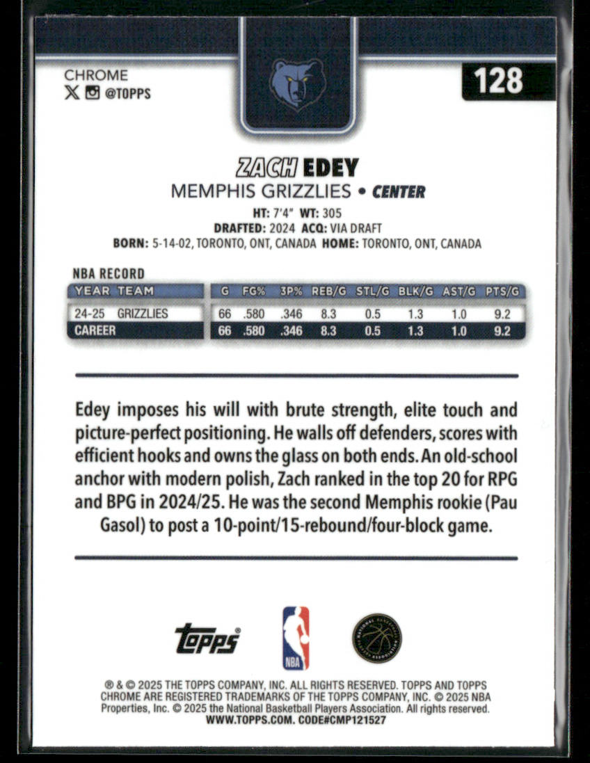 Zach Edey 2025-26 Topps Chrome #128 Memphis Grizzlies back