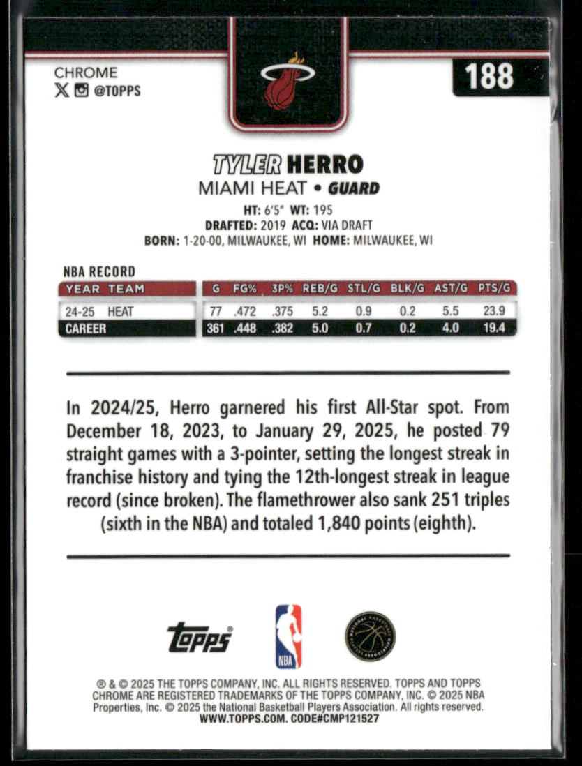 Tyler Herro 2025-26 Topps Chrome #188 Miami Heat back
