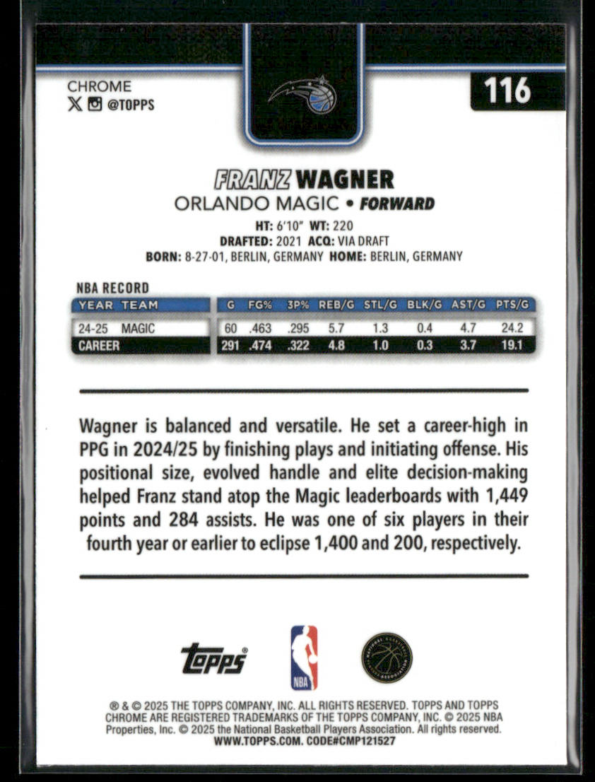 Franz Wagner 2025-26 Topps Chrome #116 Orlando Magic