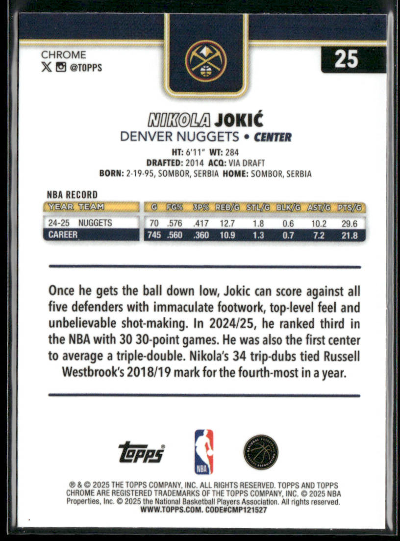 Nikola Jokić 2025-26 Topps Chrome #25 Denver Nuggets