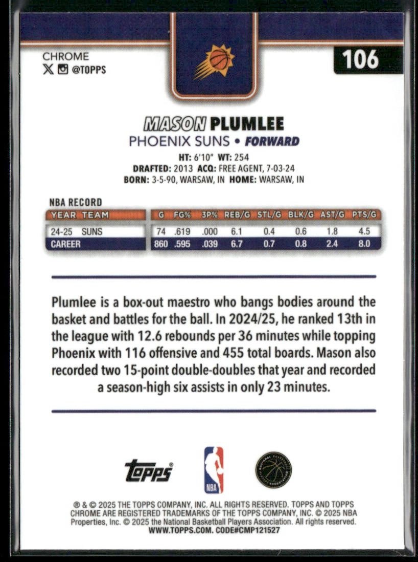 Mason Plumlee 2025-26 Topps Chrome #106 Phoenix Suns