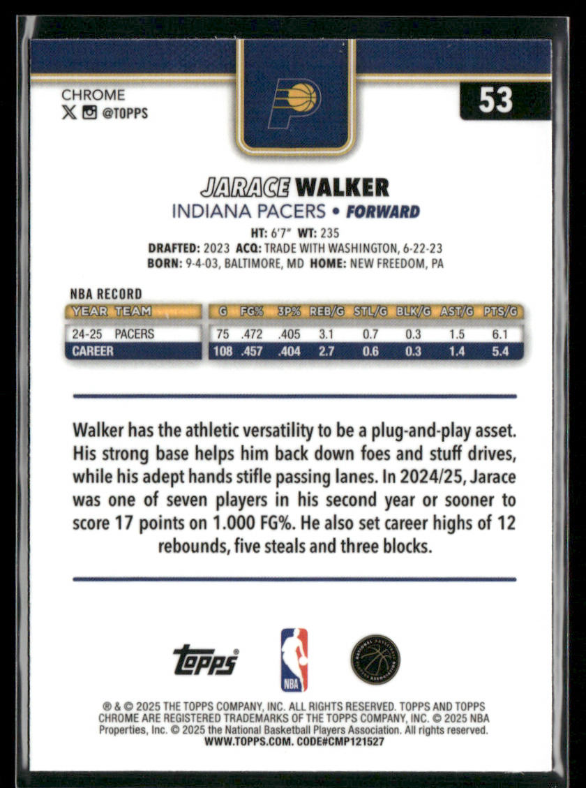 Jarace Walker 2025-26 Topps Chrome #53 Indiana Pacers