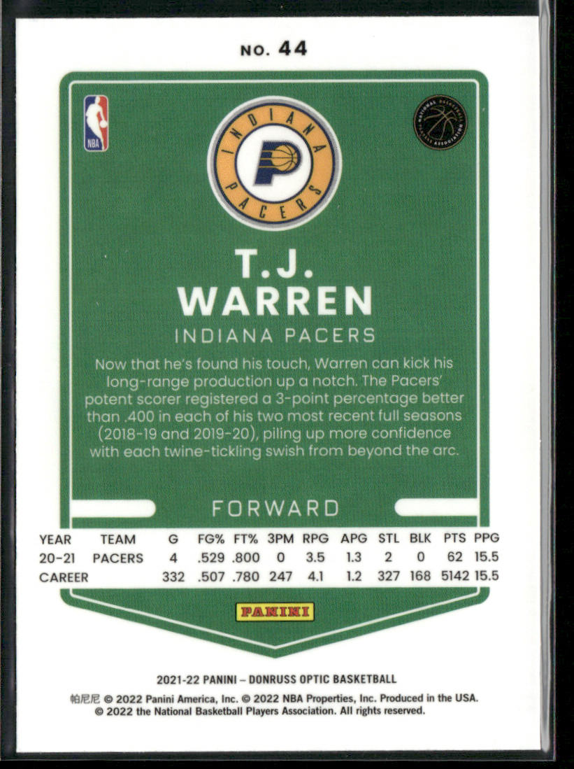 T.J. Warren 2021-22 Donruss Optic #44 Indiana Pacers
