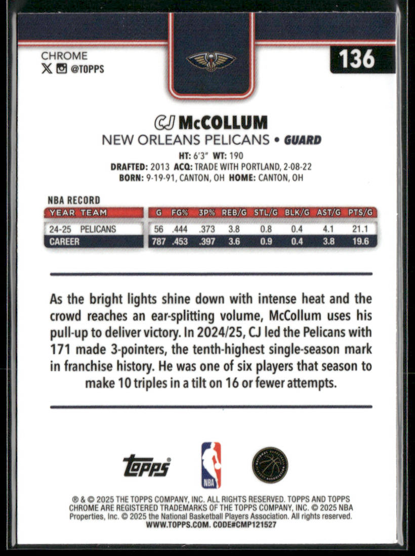 CJ McCollum 2025-26 Topps Chrome Basketball Refractor #136 New Orleans Pelicans