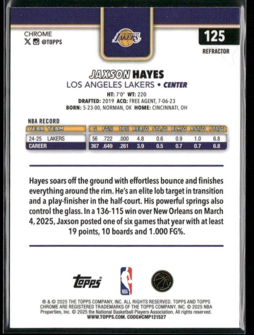 Jaxson Hayes 2025-26 Topps Chrome Refractor #125 Los Angeles Lakers