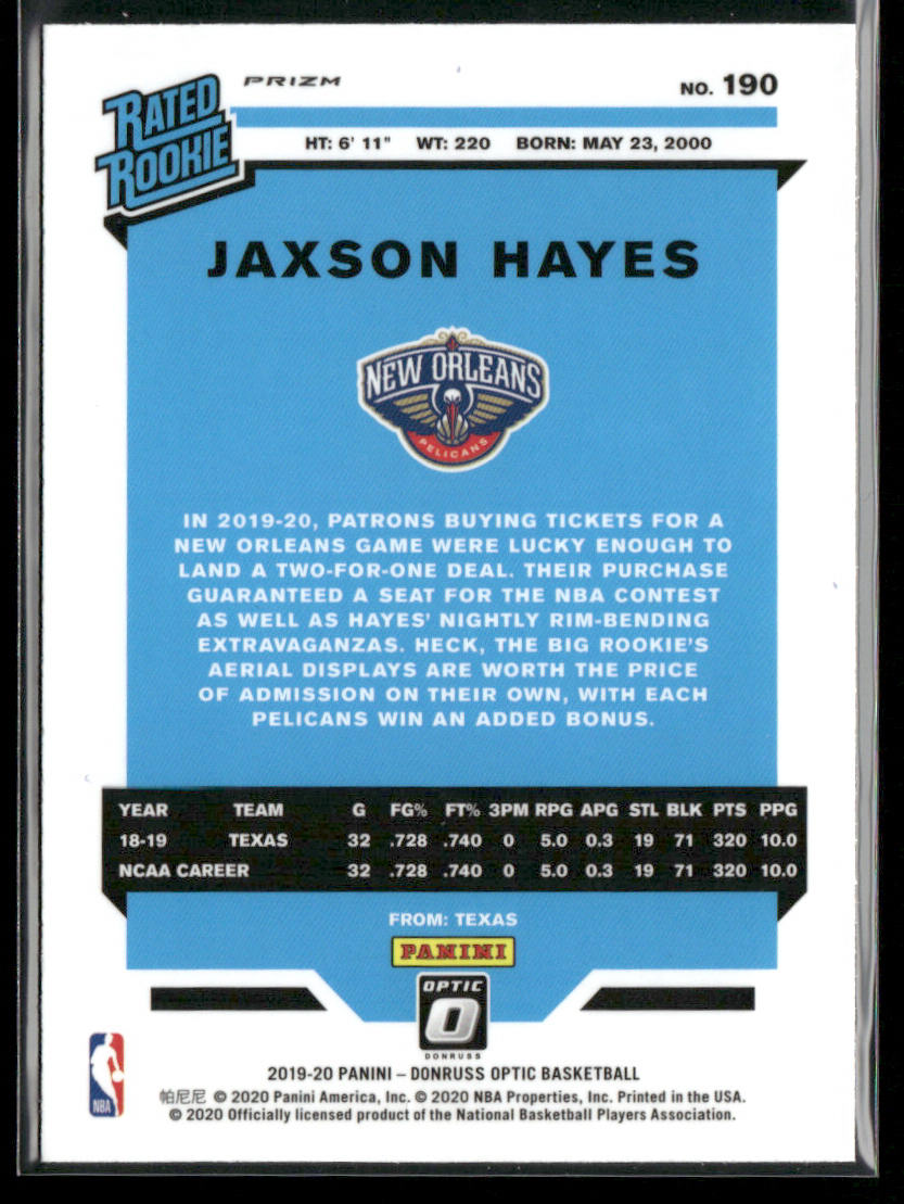 Jaxson Hayes 2019-20 Donruss Optic Blue Velocity #190 RC New Orleans Pelicans