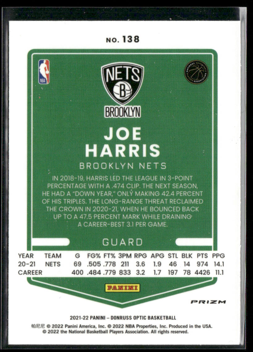 Joe Harris 2021-22 Donruss Optic Blue Velocity #138 Brooklyn Nets