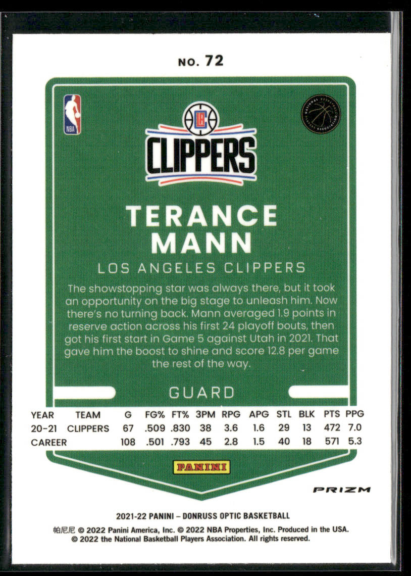 Terance Mann 2021-22 Donruss Optic Blue Velocity #72 Los Angeles Clippers