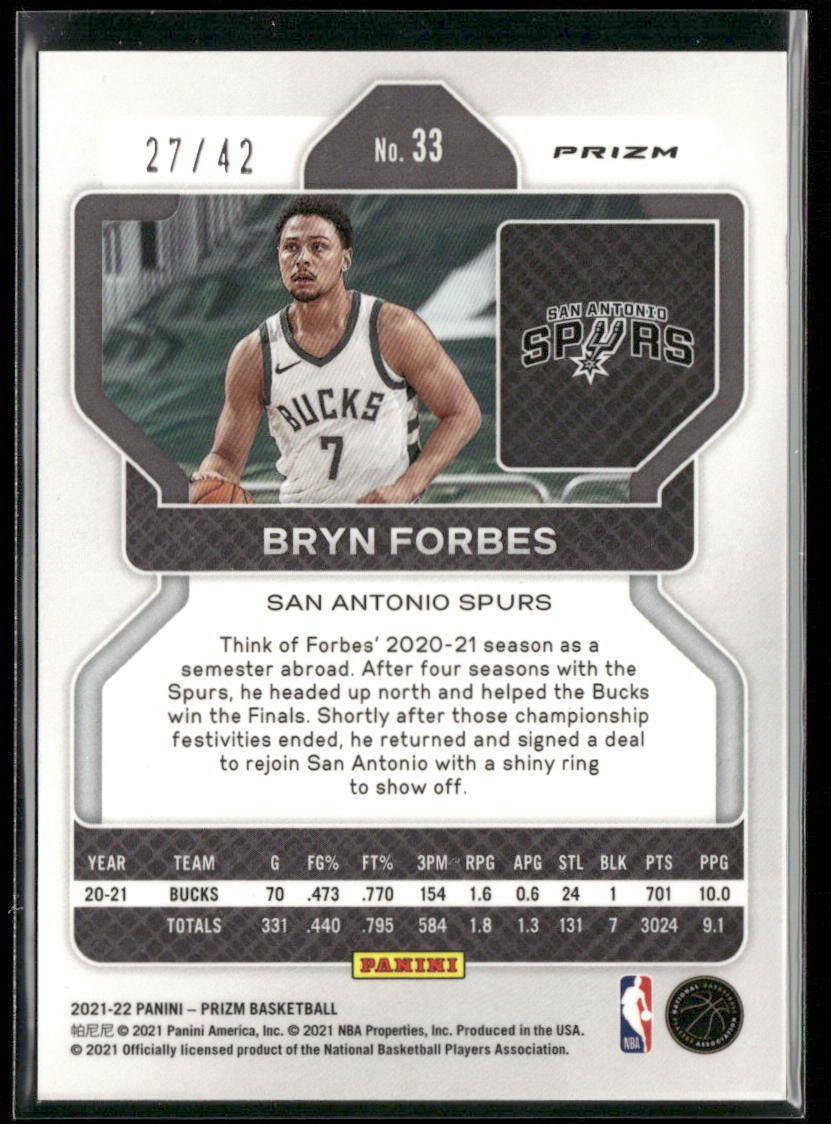 Bryn Forbes 2021-22 Panini Prizm Pink Pulsar #33 SN San Antonio Spurs