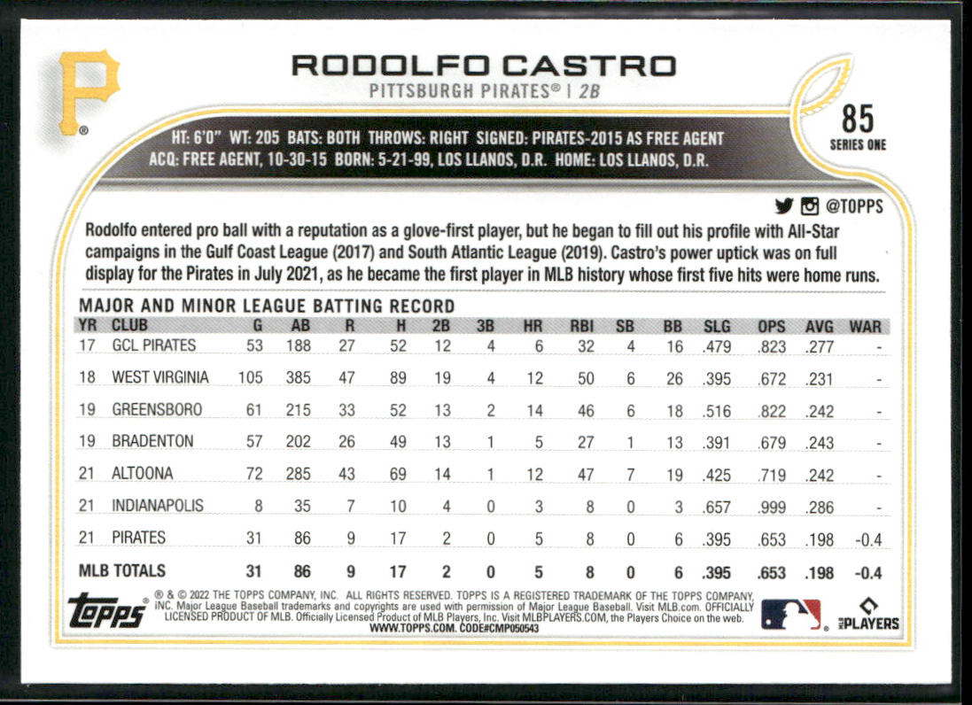 Rodolfo Castro 2022 Topps #85b RC Pittsburgh Pirates