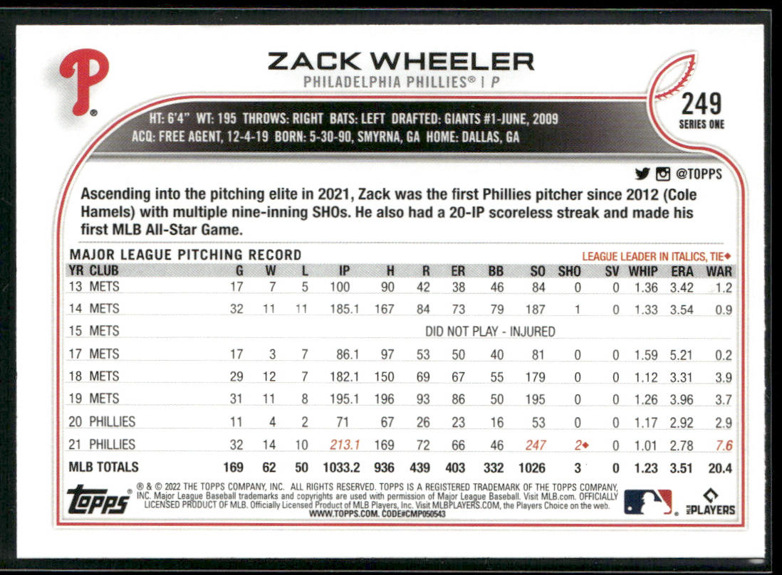 Zack Wheeler 2022 Topps #249 Philadelphia Phillies