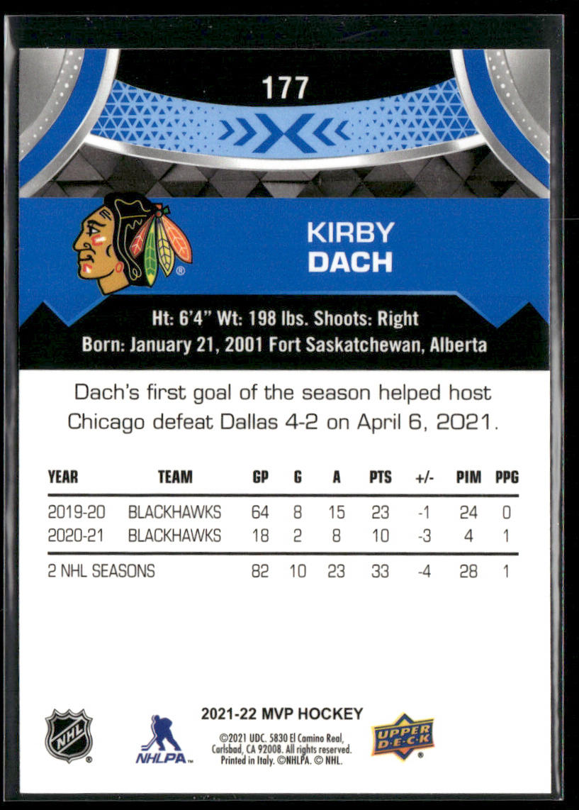 Kirby Dach 2021-22 Upper Deck MVP Blue #177 Chicago Blackhawks