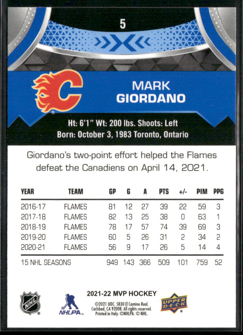 Mark Giordano 2021-22 Upper Deck MVP Blue #5 Calgary Flames