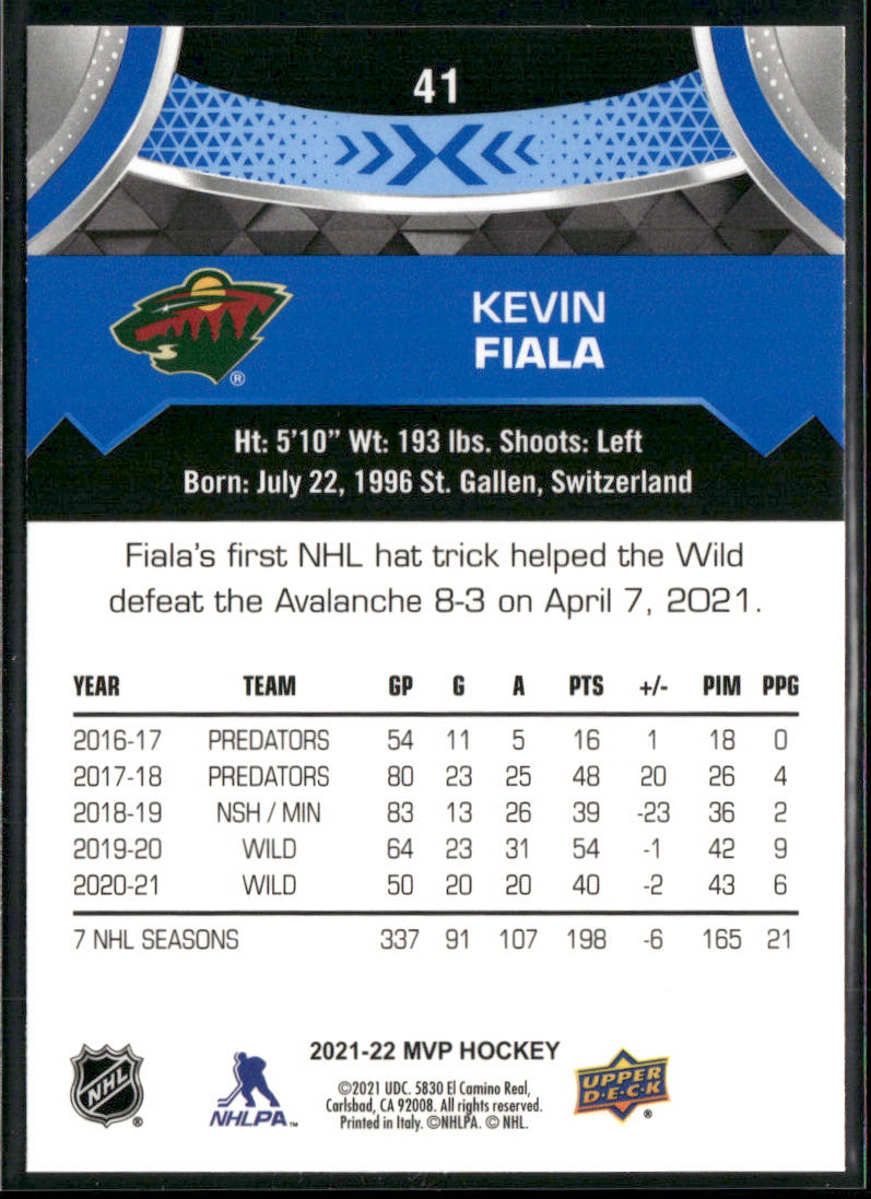 Kevin Fiala 2021-22 Upper Deck MVP Blue #41 Minnesota Wild back