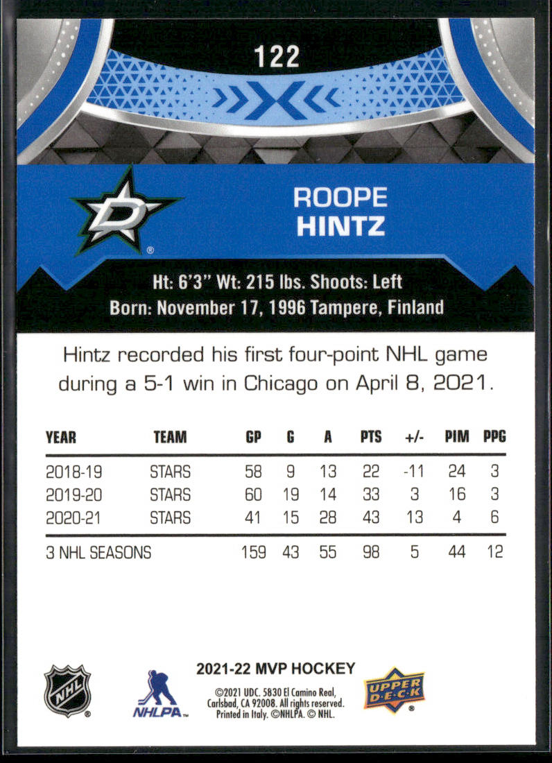 Roope Hintz 2021-22 Upper Deck MVP Blue #122 Dallas Stars