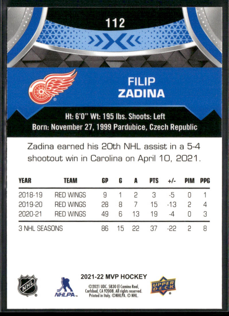 Filip Zadina 2021-22 Upper Deck MVP Blue #112 Detroit Red Wings