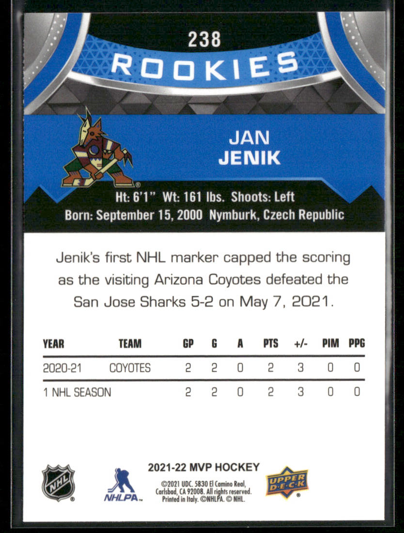 Jan Jenik 2021-22 Upper Deck MVP Blue #238 Arizona Coyotes