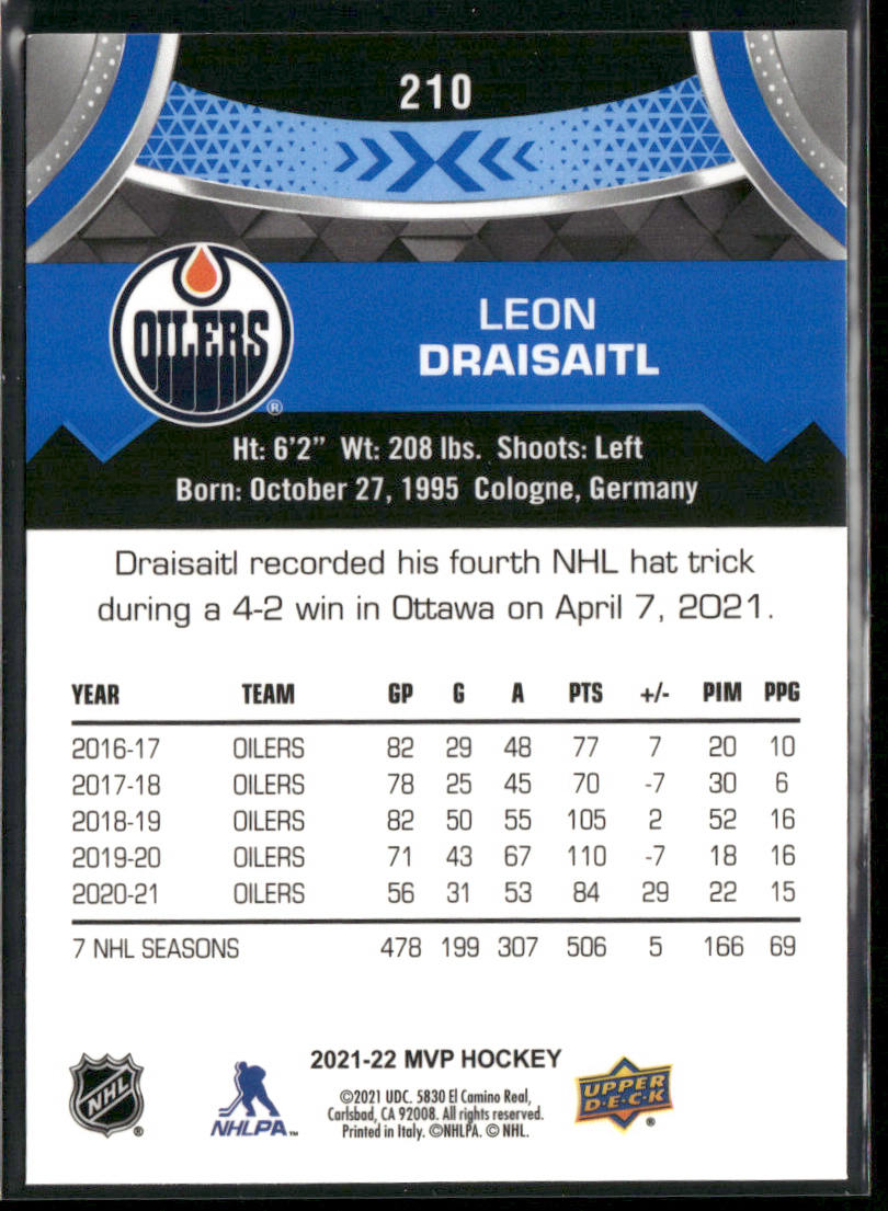 Leon Draisaitl 2021-22 Upper Deck MVP Blue #210 Edmonton Oilers