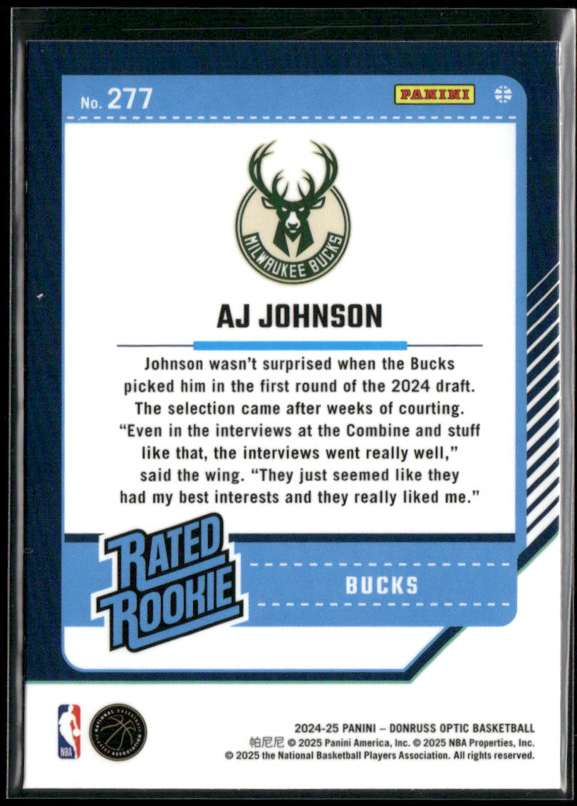 AJ Johnson 2024-25 Donruss Optic #277 RC Milwaukee Bucks