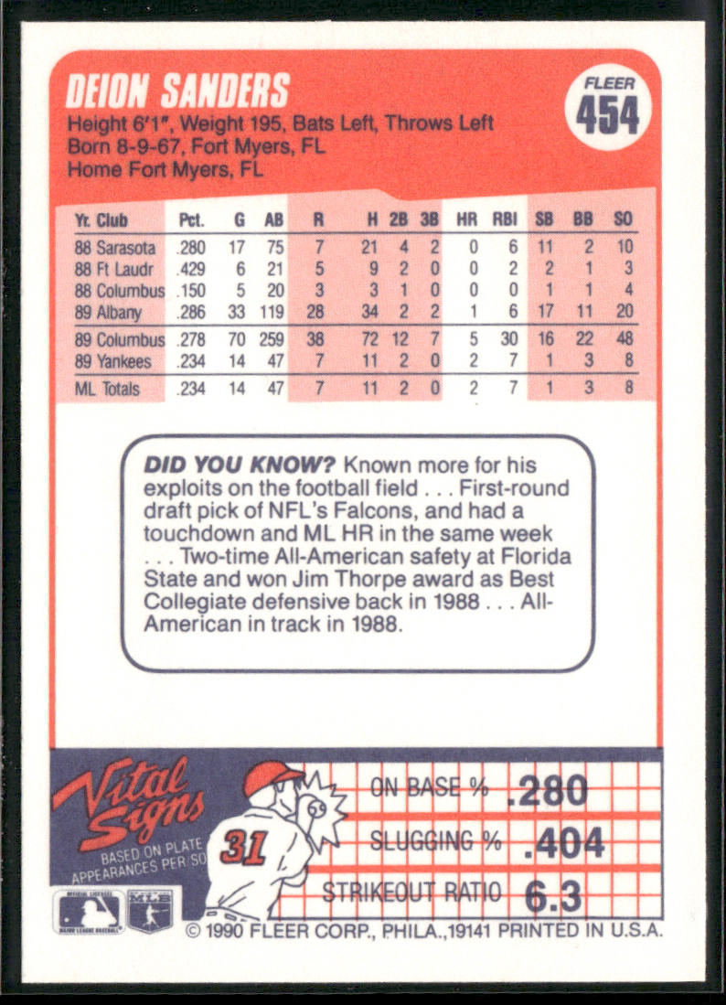 Deion Sanders 1990 Fleer #454 New York Yankees back