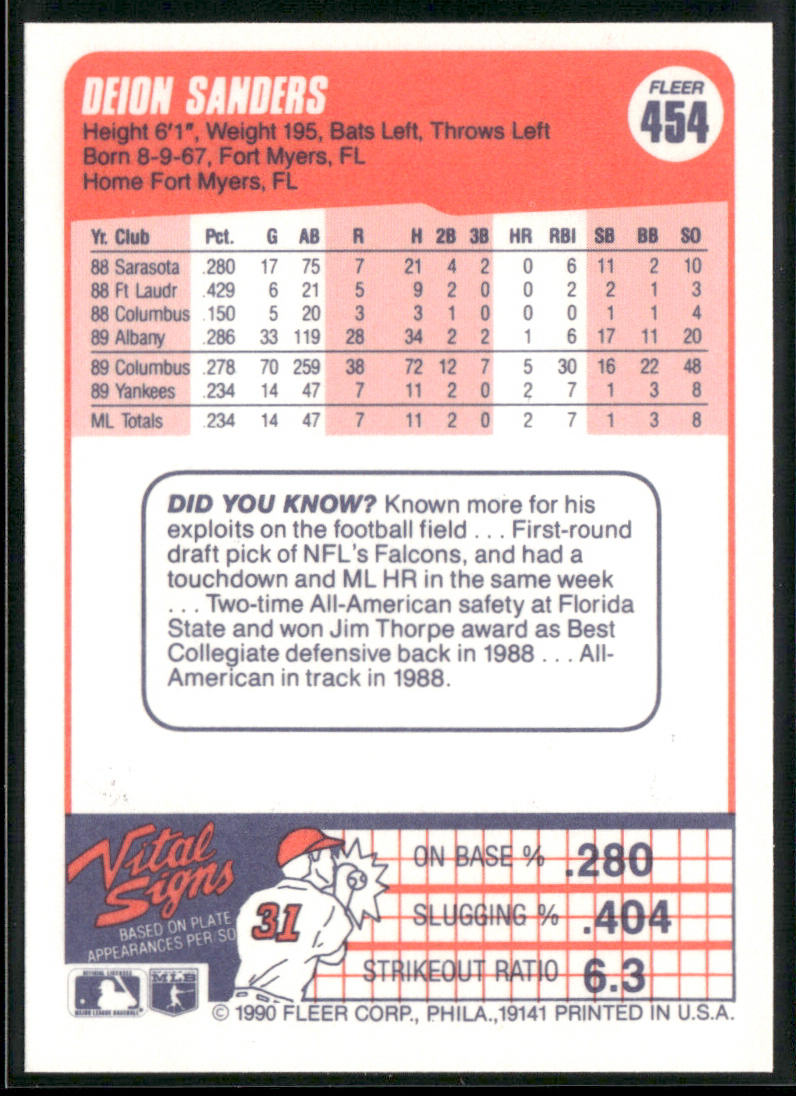 Deion Sanders 1990 Fleer #454 New York Yankees back