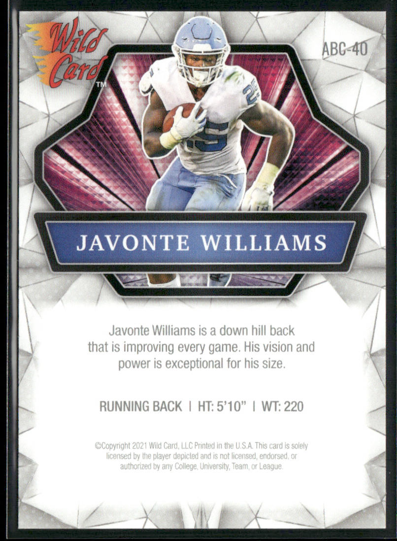 Javonte Williams 2021 Wild Card Alumination #ABC-40 North Carolina Tar Heels