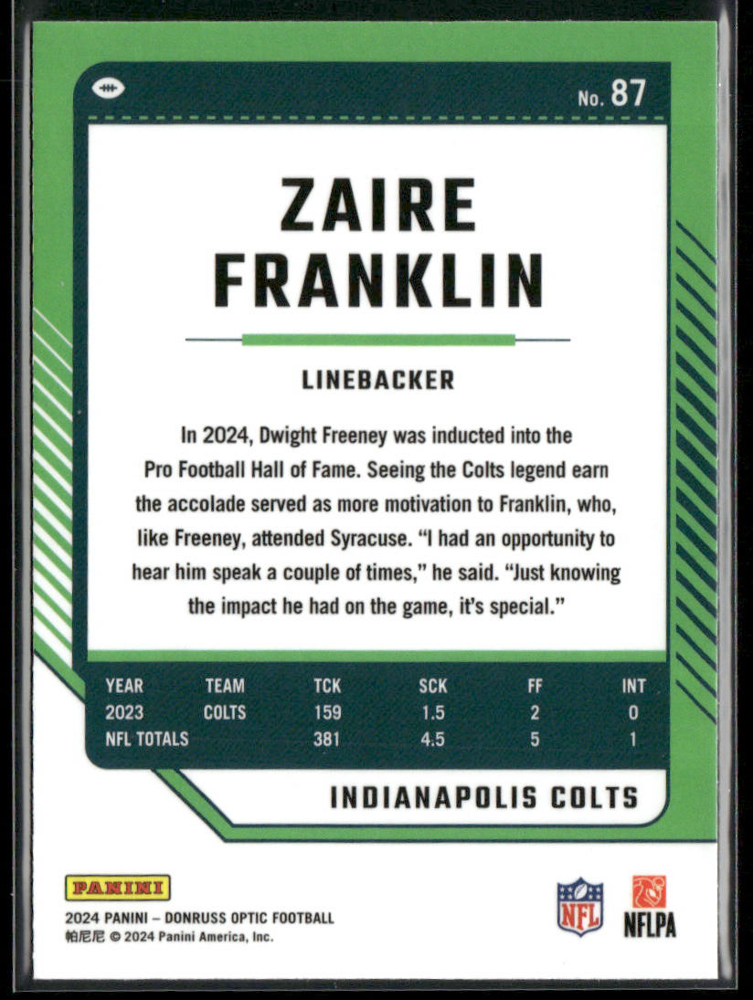 Zaire Franklin 2024 Donruss Optic #87 Indianapolis Colts