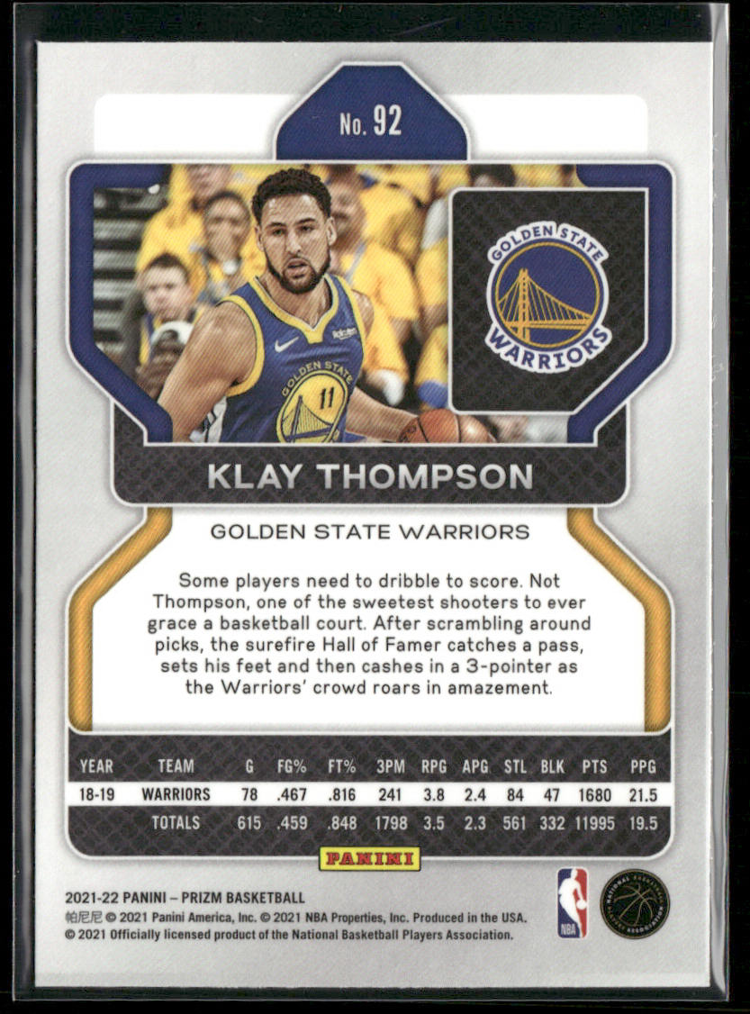 Klay Thompson 2021-22 Panini Prizm #92 Golden State Warriors