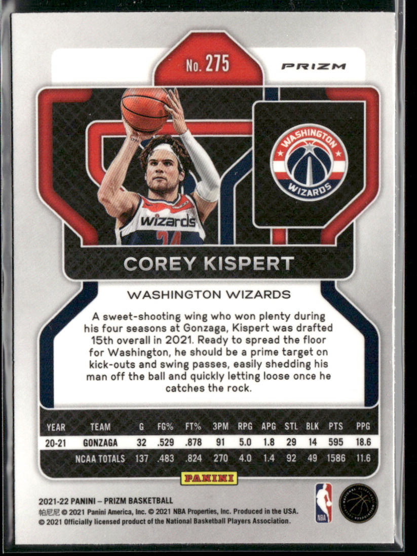 Corey Kispert 2021-22 Panini Prizm Silver #275 RC Washington Wizards