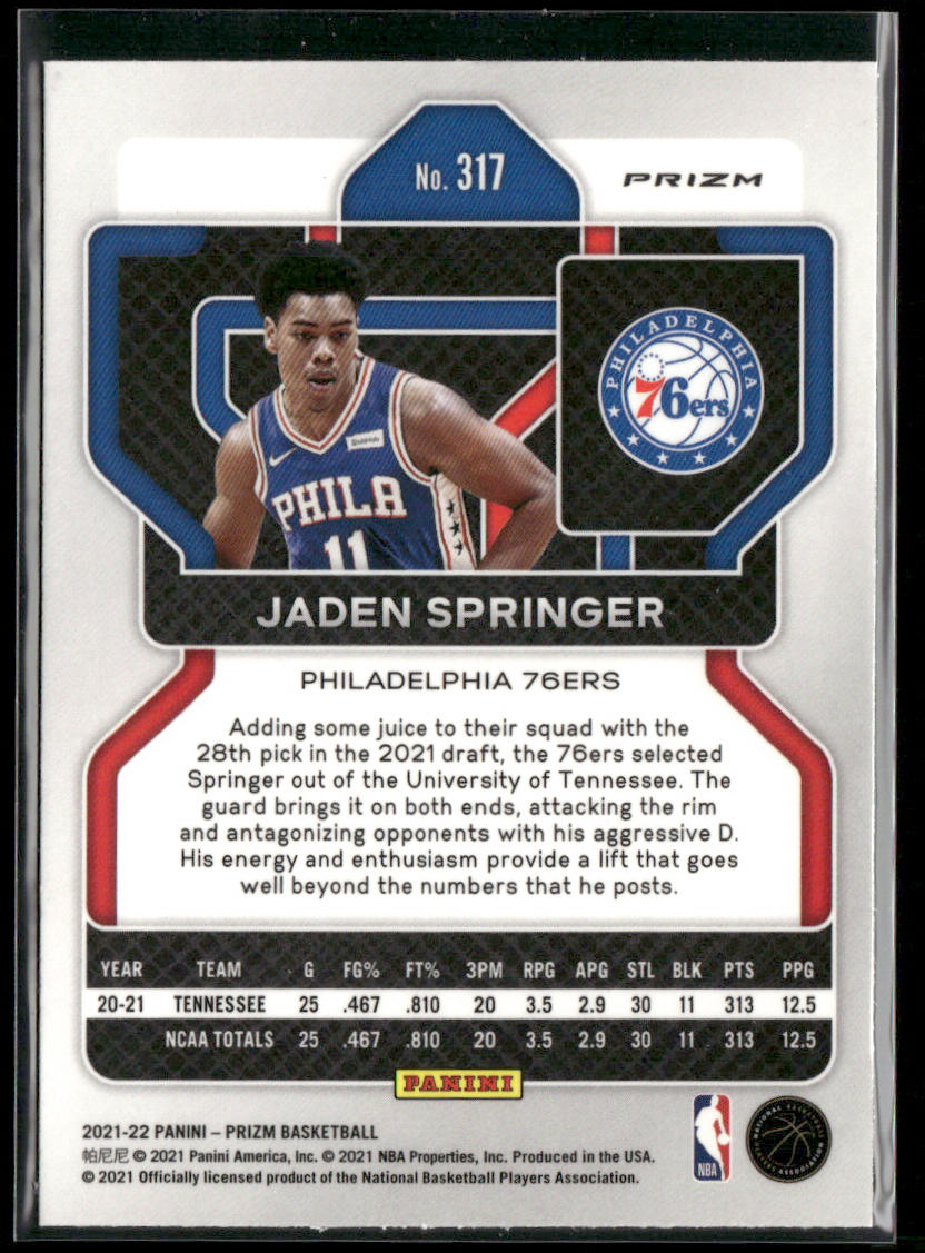 Jaden Springer 2021-22 Panini Prizm Red White and Blue #317 RC 76ers
